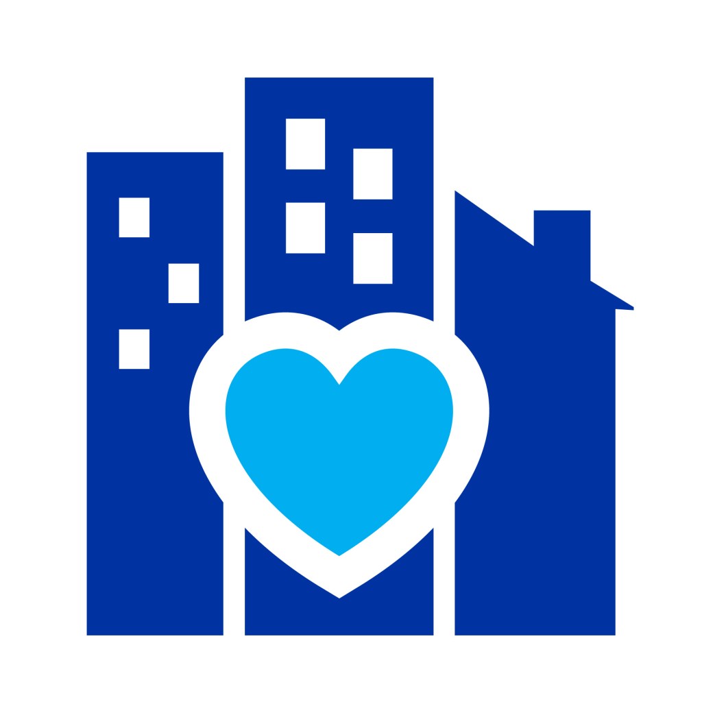 MiTek's commitment to shelter humanity - A square graphic of two skyscrapers and a house with a heart in the center