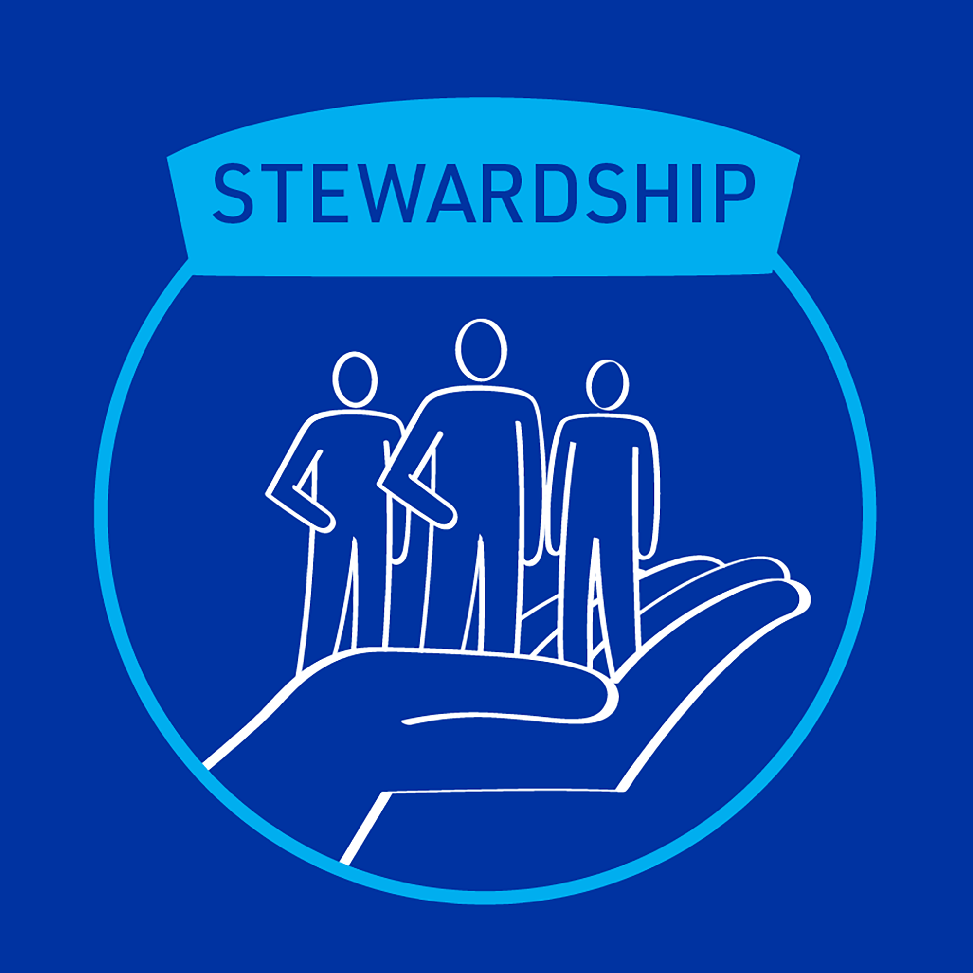 MiTek's guiding principle of stewardship - A square graphic of a large hand holding up three people standing