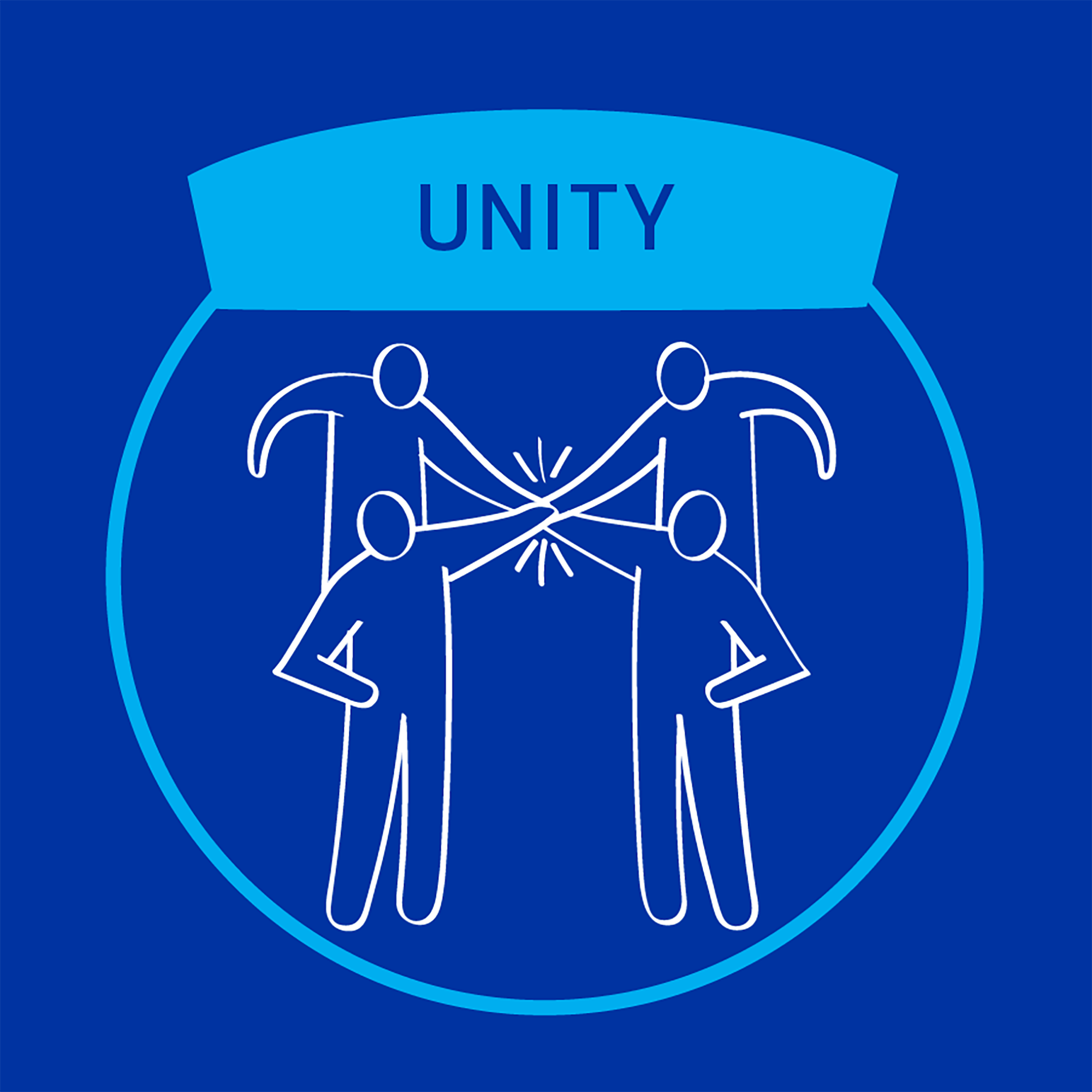 MiTek's guiding principle of unity - A square graphic of four people with their hands connected in the middle
