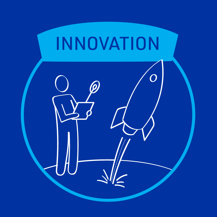 MiTek's guiding principle of innovation - A square graphic of a person holding a controller and launching a rocket