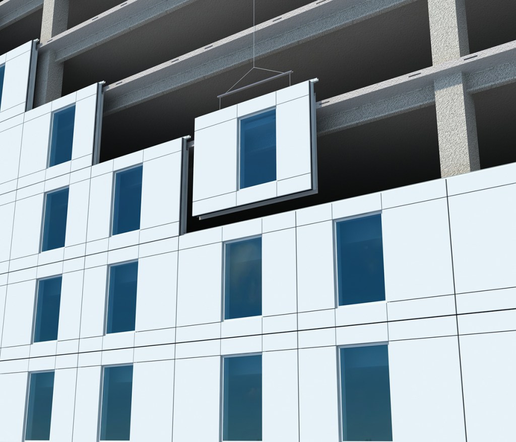 MiTek Onewall Engineered Systems Products - Rendu 3D d'une unité Onewall en train d'être hissée en place sur un immeuble de grande hauteur.