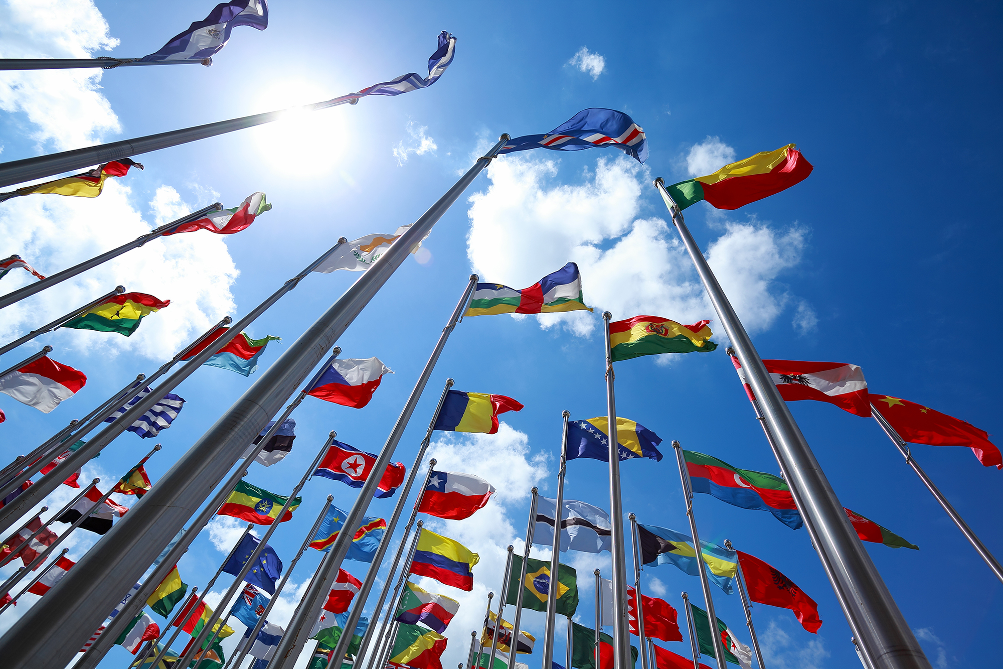 Globalny zasięg i skala firmy MiTek - Duża liczba masztów z flagami różnych narodów