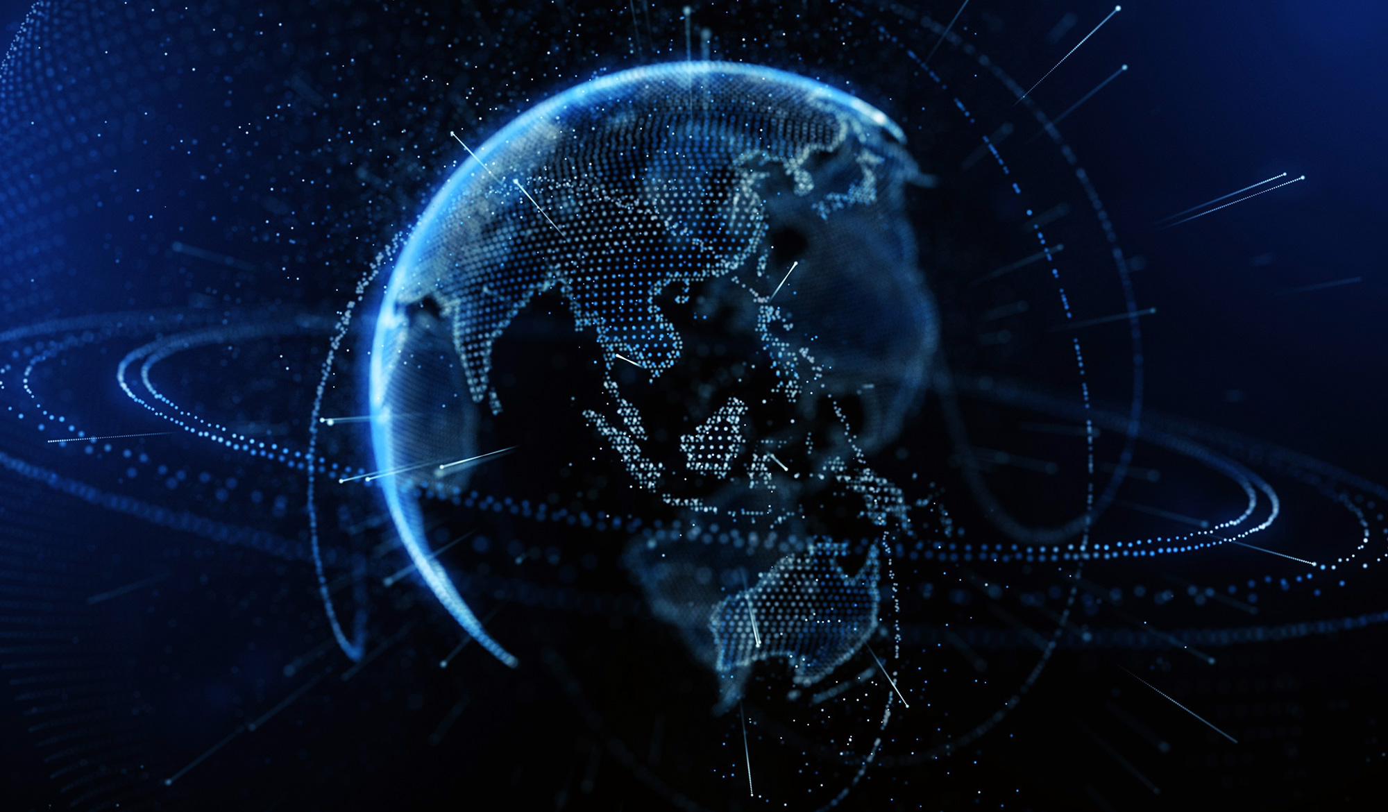 Globalna obecność firmy MiTek - czarna grafika przestrzeni i niebieska Ziemia
