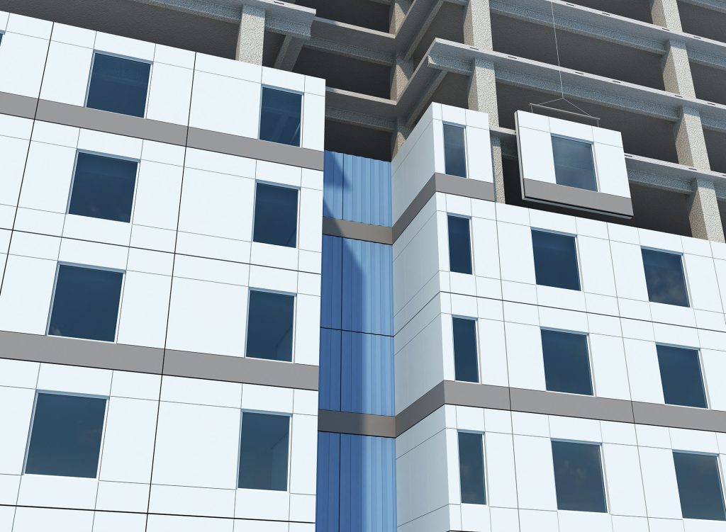 Byggnadsdesign Konstruerade system och produkter - MiTeks Onewall-system installeras i en kommersiell byggnad med flera våningar.