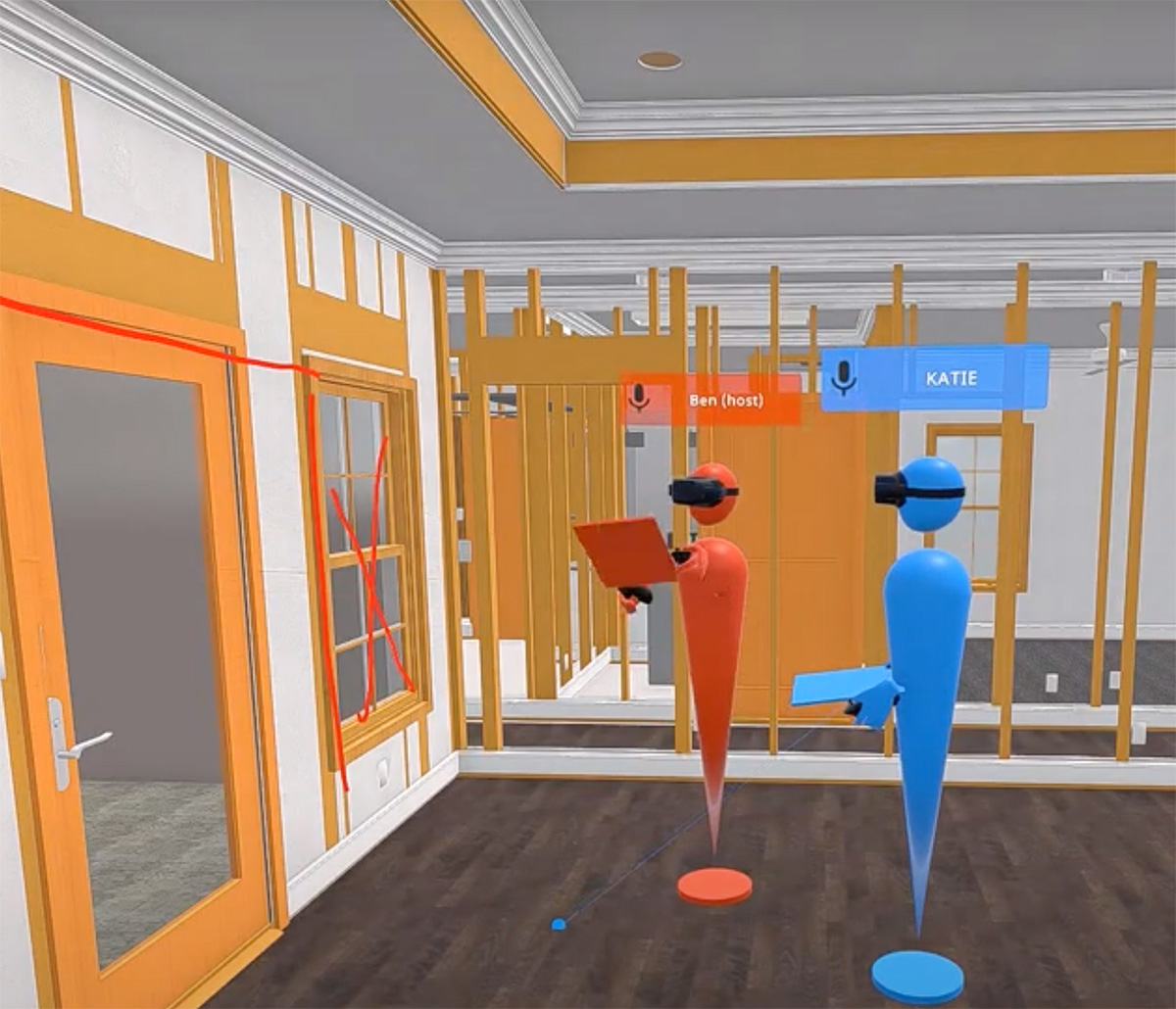 MiTek Visualization Services - Zwei 3D-Avatare stehen in einer AR-Baustelle