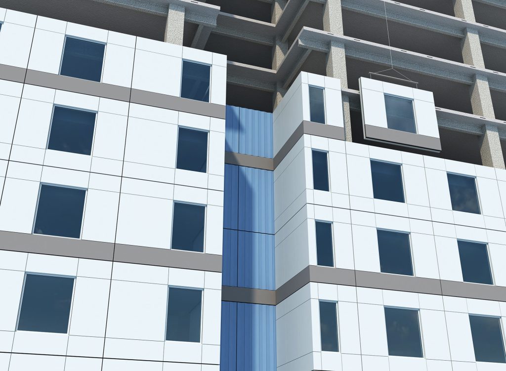 Building Design Engineered Systems and Products – MiTek’s Onewall system being installed on a multi-story commercial building