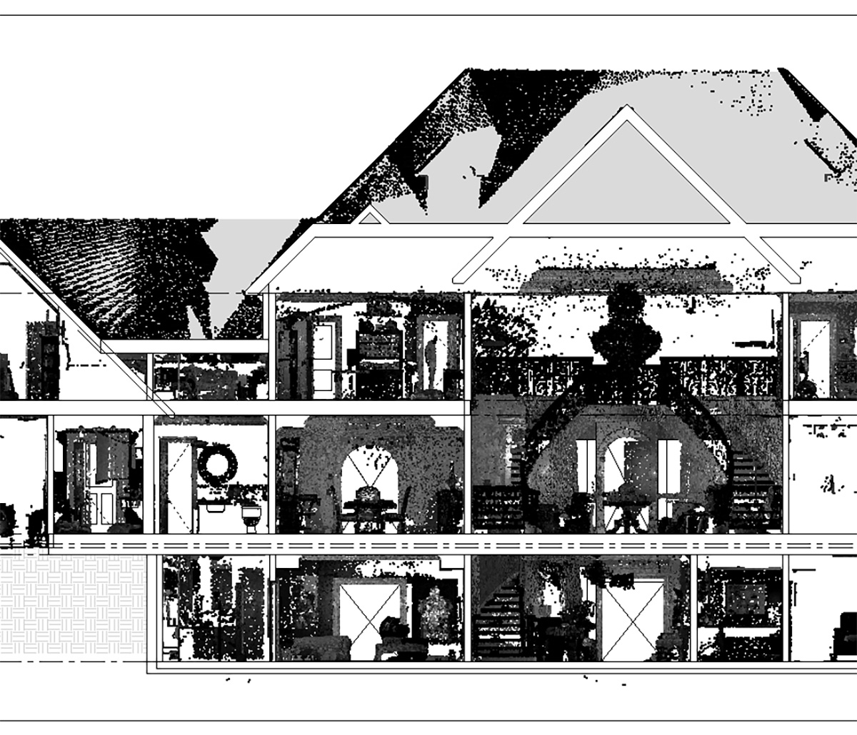 MiTek 3D Scan Documenting - Black and white cutaway of a scanned, three-story building