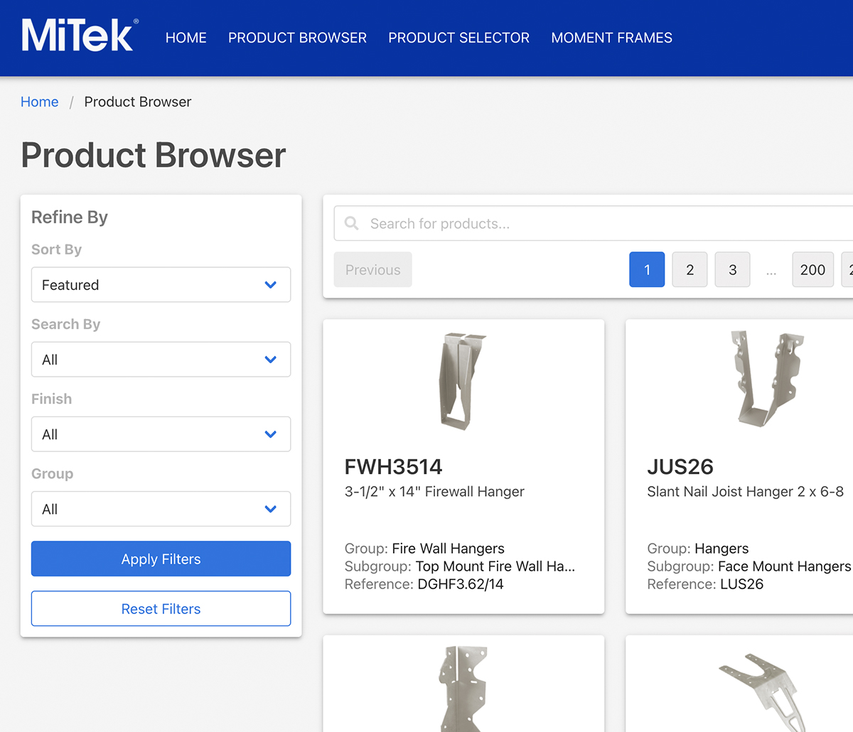 Application de produits de construction MiTek - Capture d'écran du navigateur de produits MiTek