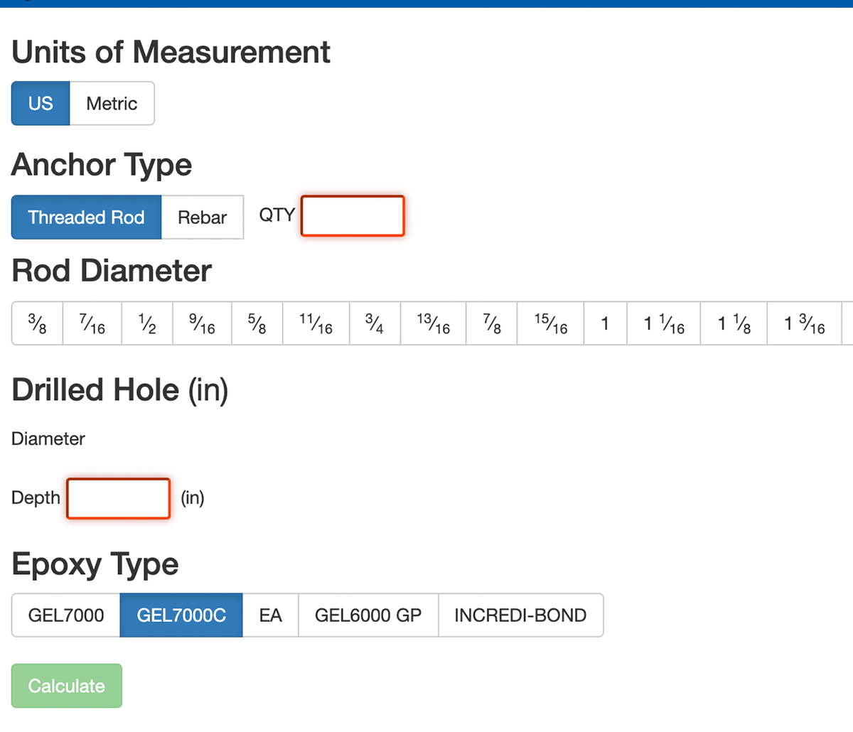 MiTek Epoxy Estimator Software - Screenshot of epoxy estimator software