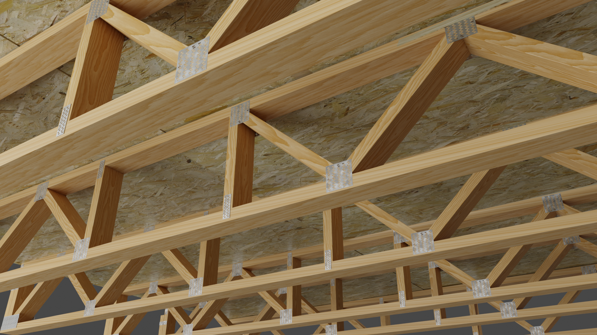 Open web floor trusses, shown in situ, installed